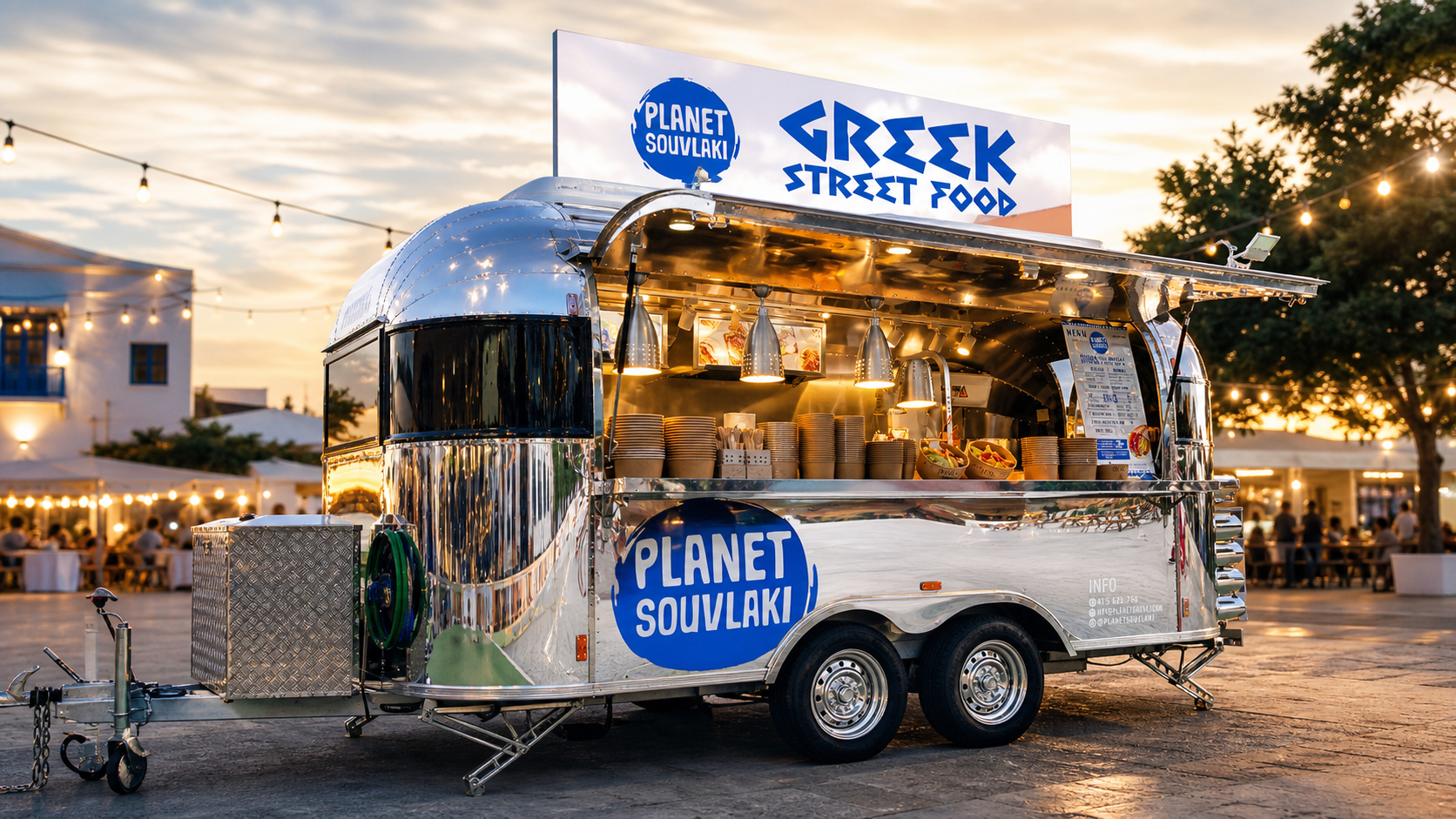 Food truck de Planet Souvlaki durante un evento al atardecer